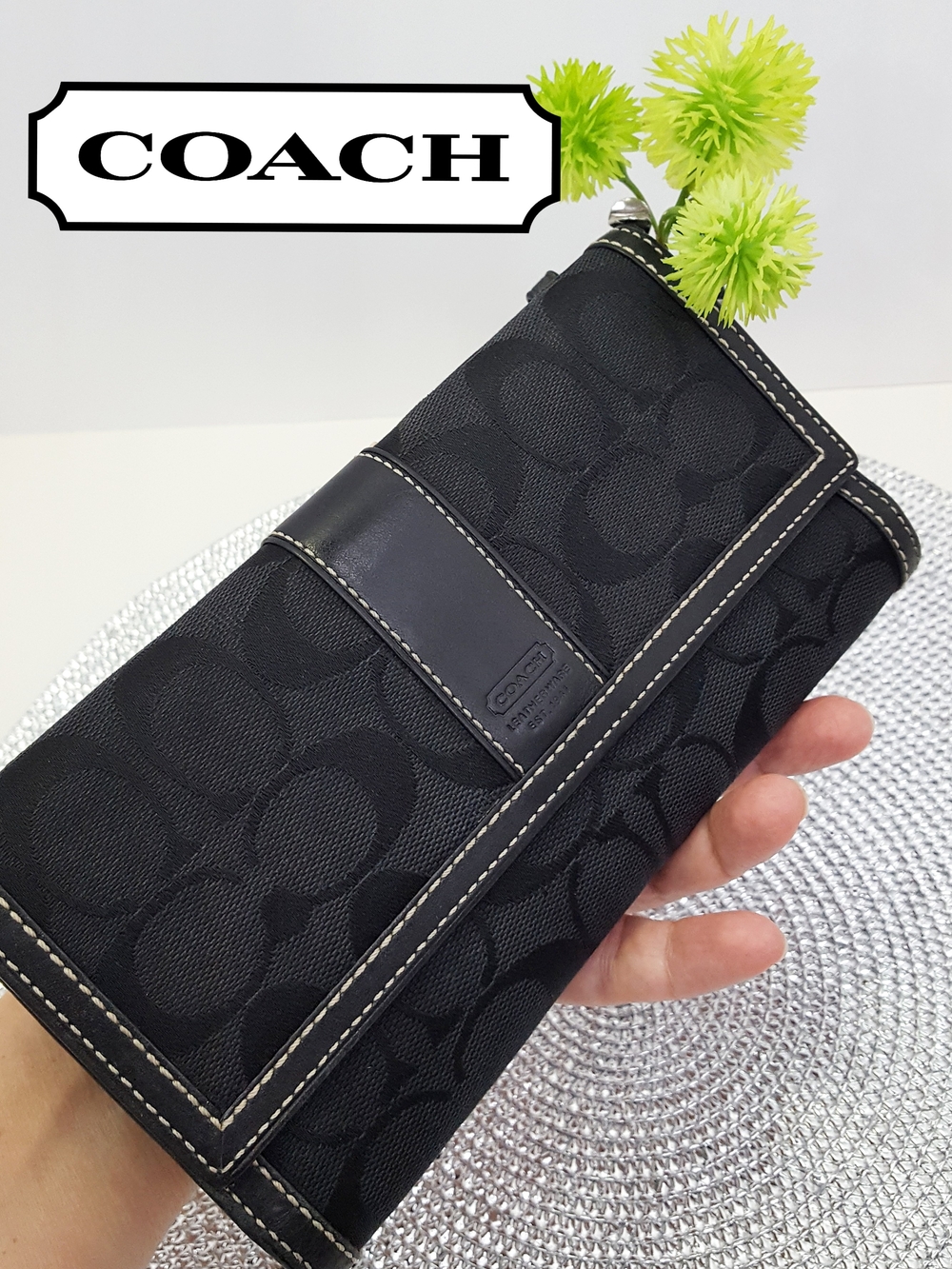 Y2K Coach🌺Vintage Black Signature Hampton Canvas Long Trifold Wallet